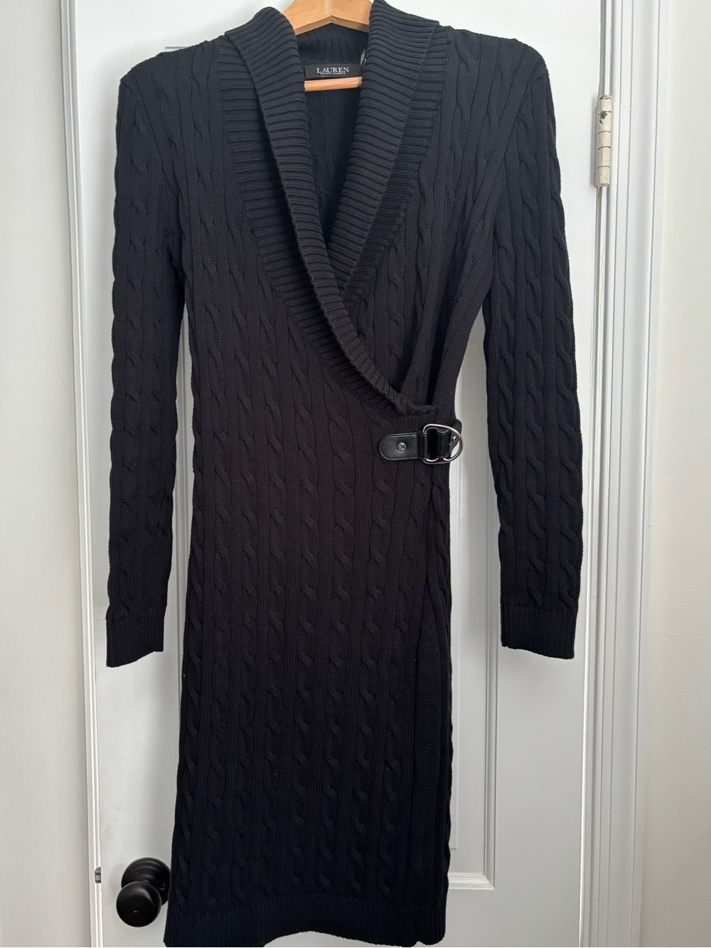 Lauren Ralph Lauren Black Cable Knit Shawl Collar Sweater Dress Size S - Picture 9 of 13